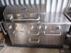 lot 9 image: Used-Kenmore 5-Burner Island Propane Gas Grill With Searing Burner, Working Refrigerator, And Cover. Please Preview