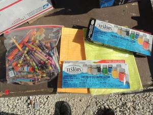 lot 72 image: Lot - model paints, crayons, notebook paper, pencils, paint brushes