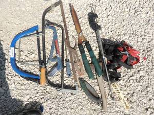 lot 33 image: Tools- Saws, clippers, Axe, straps level  and file