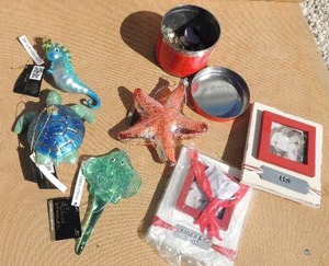 lot 94 image: Christmas- 4 NEW Robert Stanley sea creature ornaments, christmas frames small tin of nic knacks