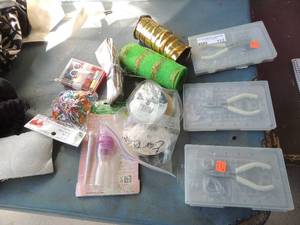 lot 113 image: 3 NEW jewlery making kits earrings necklace and bracelet, French knitter ribbon, sewing kit, and more