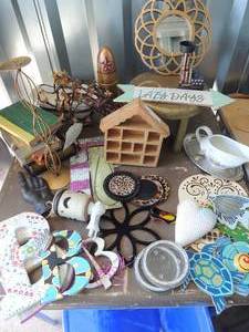 lot 125 image: Wood bathtub stool, mirror, sign ,candle holder, cast iron and more
