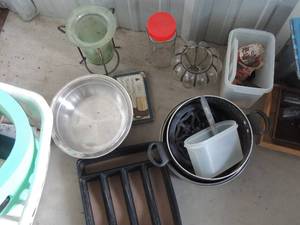 lot 153 image: Plates, bowls, mixing bowls, flatwear box, wood tray, Rodger brothers pots, and coffee mugs