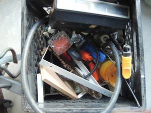 lot 154 image: Fire place tools, back massager, alarm clock with radio fan blades etc.