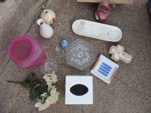 lot 156 image: Bells, tissue cover, ash trays, Blessed be our home etc.