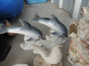 lot 158 image: Blue vase, 2 clocks, cast iron elephant bookend and misc. figurines