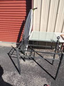 lot 164 image: Black metal frame for table 34x28x18 and beveled glass 27 square  and avocado ironing board
