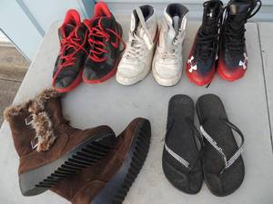 lot 140 image: Boots size 41 EU, size 9 Flip flops, size 8 NIKES, 6 Filas, 1Y underarmour highlights cleats