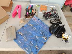 lot 131 image: Silver tray, sunglasses, sharpies, gloves, mini plyers, tools flask and more