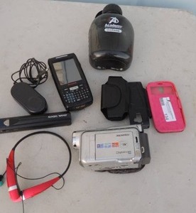 lot 134 image: camcorder, Honeywell scanner, phone cases