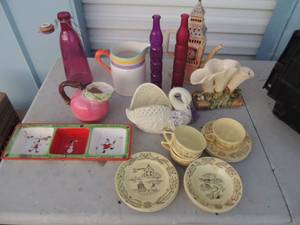 lot 145 image: Teapot tray pitcher teacups, saucers oil & vinegar bottles