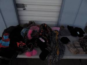 lot 141 image: House slippers, boots , jacket and scarves