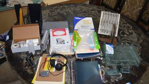 lot 29 image: Office Lot File Folders, Plastic Dividers, Reizen Loud Ear Audio Enhancer, Mobile HDD, Laser Barcode Scanner and More