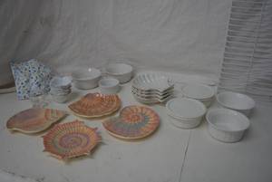 lot 24 image: Fitz and Floyd Colored Shell Plates (One is Cracked), Small Pier 1 Bowls, CorningWare Bowls, Ovenbrite Bowls
