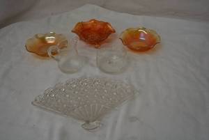 lot 19 image: Fan Shaped Cut Glass Dish, Carnival Glass Bowls, Cream and Sugar Set