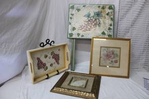 lot 76 image: Home Dcor Plate Holder with Wooden Tray, TV Tray with Grape Design, Flowery Wall Art