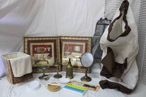 lot 78 image: Bathroom Dcor Wall Art, Laundry Bag, Soap Holders, Standing Counter Mirror, Ceramic Trash Can and More