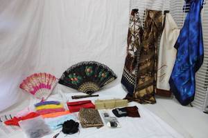 lot 79 image: Ladies Lot Scarfs, Hand Fans, Small Purses, Headbands, Luggage Locks