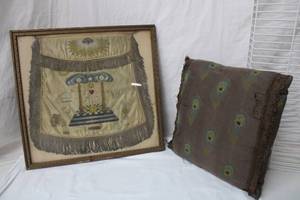 lot 85 image: Vintage Peacock Feather Designed Pillow, Framed Fringed Banner, see pictures