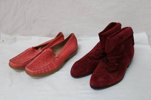 lot 101 image: Womens Shoes Size 10 Red Velvet Boots by Danelle and Red Leather Loafer by Sudini