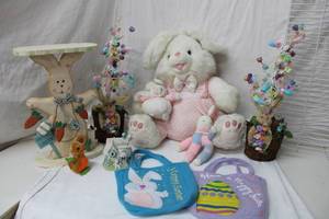 lot 103 image: Easter Lot Plush Bunnies, Wooden Decorative Bunny, Pair of Easter Trees