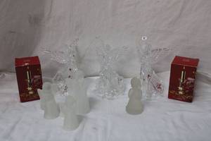 lot 61 image: Frosted Glass Angel Candle Holders, Set of 3 Plastic Trumpeting Angels, Pair of Mikasa Taper Candle Holders
