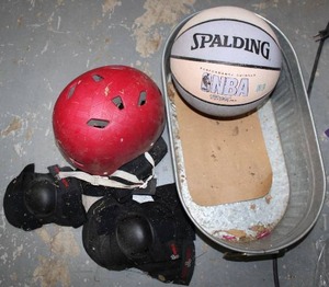 lot 65 image: Triple Eight Elbow and Knee Pads, Bell Helmet, Spalding Basketball and Tub