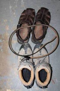 lot 67 image: Mens Shoes and Belt Black Leather Belt, Size 13 Work Boots, Dr. Scholls Brown Leather Sandals