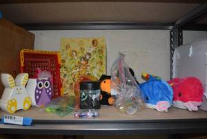 lot 123 image: Misc. Kids Lot Plush Toys, Craft Making Items, Ceramic Piggy Banks, GI Joe Insulated Mug,  Bouncy Balls, Sunflower Puzzle 500 Pieces