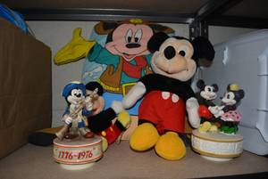 lot 125 image: Mickey Mouse Lot Plush Mickeys, Pillow, Two Music Boxes, see pictures