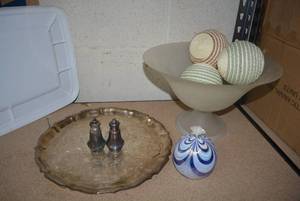 lot 127 image: Home Dcor Frosted Glass Bowl with Decorative Balls, Glass Oil Lamp Ball, Sterling Silver Salt and Pepper Shakers (Marked Sterling Weighted Duchin Creation)