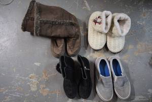 lot 124 image: Girls Shoes Loafers Size 7, Black Boots Size 4, Brown Snow Boots Size 7, and Christmas Slippers Size 78