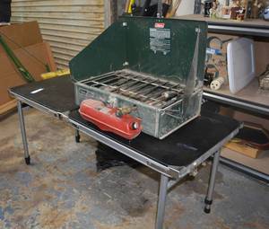 lot 132 image: Camping Folding Table and Coleman Propane Grill - Compact Campstove Model 425F