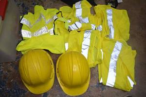 lot 142 image: Yellow Reflective Safety Vests and Two Hardhats