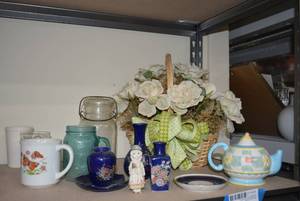 lot 145 image: Misc. Dcor Lot Flower Basket Centerpiece, Blue Glass Mini Vases, Liberty Mug and More