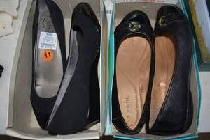 lot 161 image: Womens Shoes Size 11 White Mt Flats with Buckle and Quilted Style Stitching, Life Stride Black Wedges with Patent Toes