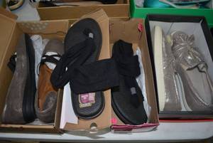 lot 162 image: Womens Shoes Size 11 EuroSoft Taupe colored Flats, Black Yoga Mat Flip Flops, and Metallic Style Shoes by Yellowbox