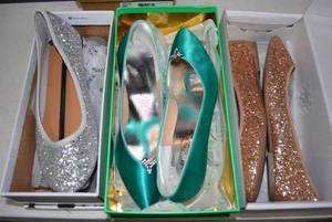 lot 164 image: Womens Shoes Green Satin Heels by Peacocks Size 10B, Silver Glitter Flats by Bamboo Size 11, and Copper Glitter Flats by Bamboo Size 11