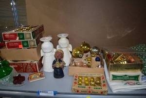 lot 166 image: Christmas Dcor Gold Glass Ornaments, Ceramic Angel Candle Holders, Stocking and More