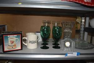 lot 167 image: Green Goblet Sets, Mugs and Mug Warmer, Mikasa Desk Clock, Clear Glass Plates Crystal Cut Flower Vase