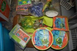 lot 174 image: Monsters Inc. Party Pack Plates, Napkins, Cups, Forks, Hats, and Toy Gifts