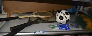 lot 170 image: Sports Lot Tennis Rackets, Mouth Guard, Wilson Mini Soccer Ball, Dallas Stars Hat and More