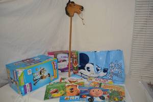 lot 179 image: Kids Lot Unopened Box of Pull-Ups Size 12-24 Month, Wooden Hobby Horse, Collection of Books, Singer Toy Sewing Machine and More