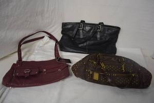 lot 186 image: Womens Purses Burgundy Labeled Stone Mountain Leather Purse still with Tags, Brown Studded Purse Labeled American Glamour, and Black  Purse marked Coach NoG043-5246