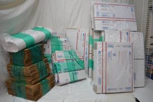 lot 216 image: Generous Amount of Shipping Boxes Plus Packing Paper, see pictures for sampling of Sizes