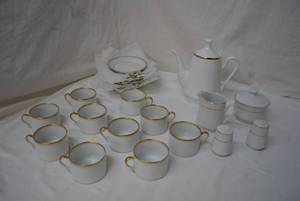 lot 43 image: Fitz and Floyd Palais Set - 10pc. Cups and Plates, Coffee or Tea Server (Marked Boston Warehouse Trading Corp.), Salt and Pepper Shakers (Unmarked)