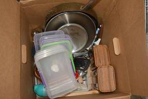 lot 243 image: Kitchen Lot Pasta Holders, Skillet, Utensils, Plastic Storage Containers