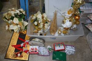 lot 235 image: Gold Christmas Trees, Gold and White Poinsettias, Welcome Mat, Salt and Pepper Shakers and More