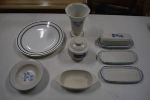 lot 200 image: Pfaltzgraff Butter Dishes (One Lid), Sugar Bowl, Vase, Plus 4 Corelle Plates