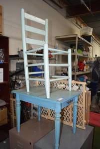 lot 38 image: Small Blue Painted Side Table, Wooden Chair (Needs Seat), and Two Door Pressure Mount Gates